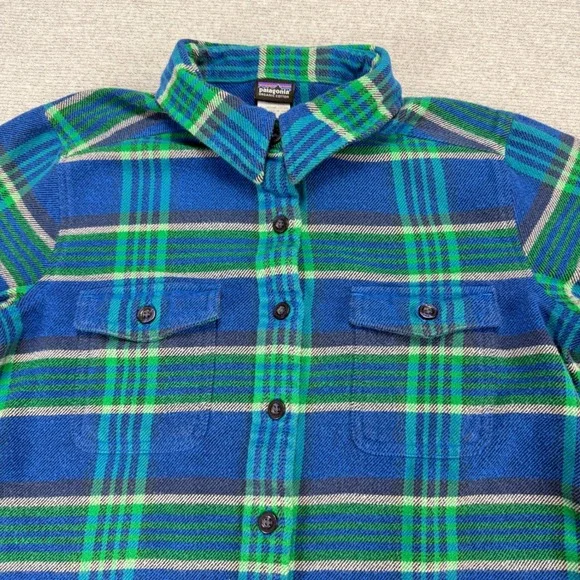 Patagonia Womens 2 Organic Cotton Flannel Plaid Button Down Shirt Blue Green - Picture 13 of 16